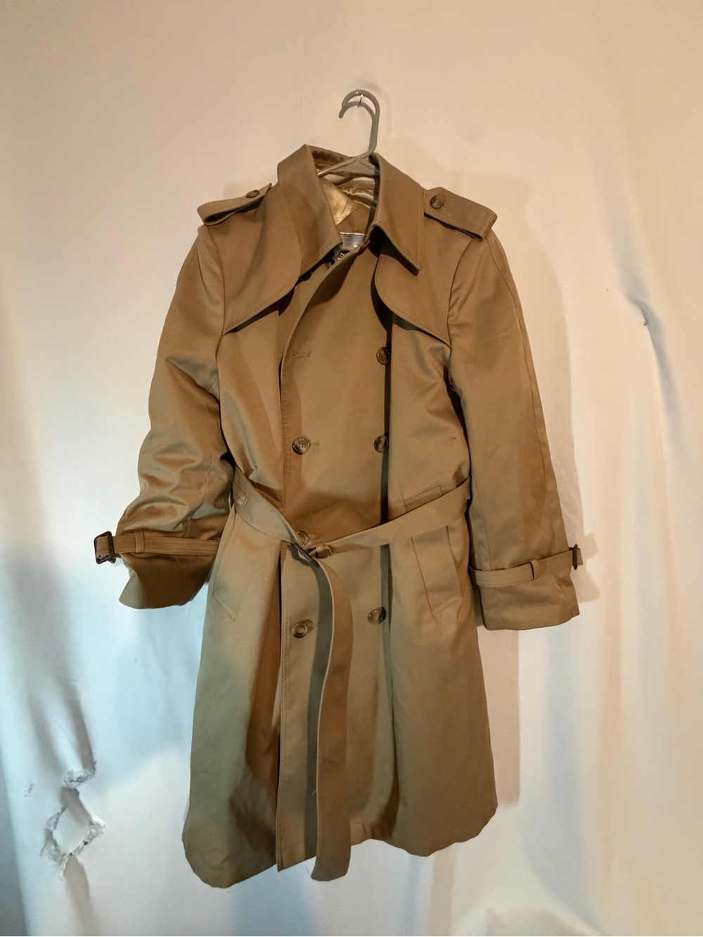 Vintage Stormport Trench Coat 38S Tan Khaki Belted Double Breasted Made Korea
